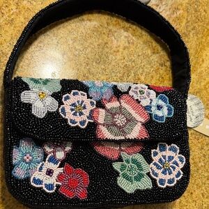 Beaded Floral Black Clutch